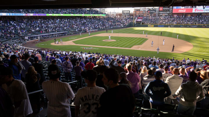 DENVER, CO – APRIL 1: A general view as fans stand during the ninth inning as the Los Angeles Dodgers take on the Colorado Rockies on Opening Day at Coors Field on April 1, 2021 in Denver, Colorado. The Rockies defeated the Dodgers 8-5. (Photo by Justin Edmonds/Getty Images)