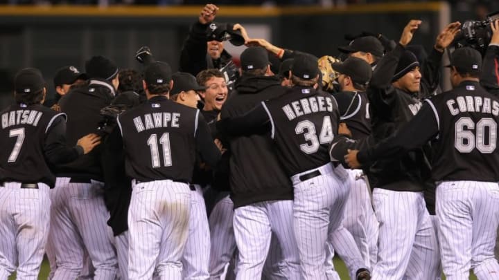 DENVER - OCTOBER 15: The Colorado Rockies celebrate their 6-4 victory to advance to the World series against the Arizona Diamondbacks during Game Four of the National League Championship Series at Coors Field on October 15, 2007 in Denver, Colorado. (Photo by Doug Pensinger/Getty Images)