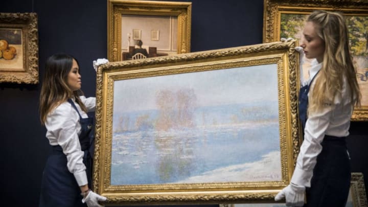 LONDON, ENGLAND - OCTOBER 06: Claude Monet's Les Glacons, Bennecourt (Estimate $18-25 million) goes on view as part of Sotheby's Contemporary Impressionist New York TRAVEX highlights preview at Sotheby's on October 6, 2017 in London, England. The Contemporary Art Evening Auction takes place at Sothebys New York on 16th November 2017. (Photo by Tristan Fewings/Getty Images for Sotheby's )