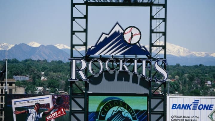 DENVER - JUNE 18: General view of Rockies logo in outfield during the Atlanta Braves game against the Colorado Rockies at Coors Field on June 18, 1995 in Denver, Colorado. (Photo by Nathan Bilow/Getty Images)