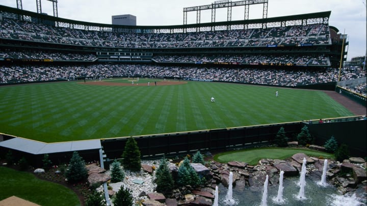 DENVER – JUNE 5: General view with fountain during the San Diego Padres game against the Colorado Rockies at Coors Field on June 5, 1997 in Denver, Colorado. (Photo by Brian Bahr/Getty Images).