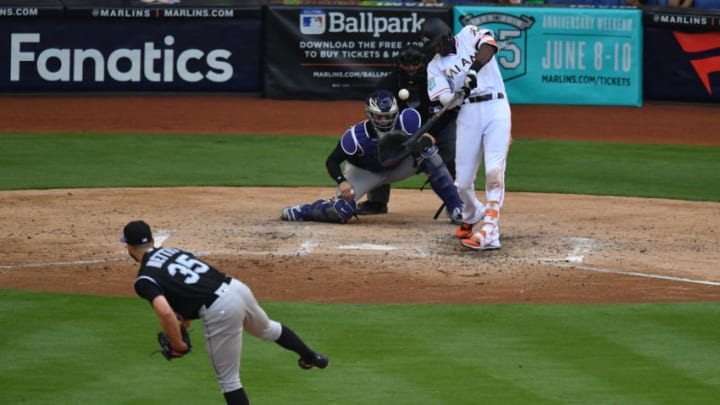 MIAMI, FL - APRIL 29: Lewis Brinson #9 of the Miami Marlins bats in the seventh inning against the Colorado Rockies at Marlins Park on April 29, 2018 in Miami, Florida. (Photo by Mark Brown/Getty Images)