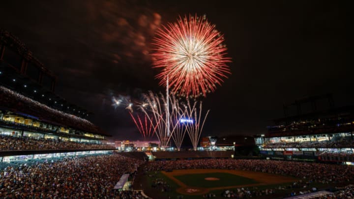 DENVER, CO - JULY 3: Fireworks explode over the stadium after the Colorado Rockies defeated the San Francisco Giants 8-1 at Coors Field on July 3, 2018 in Denver, Colorado. (Photo by Justin Edmonds/Getty Images)