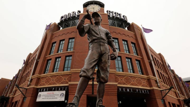 DENVER, CO - AUGUST 13: 'The Player' statue stands sentry outside the stadium as the Milwaukee Brewers face the Colorado Rockies at Coors Field on August 13, 2012 in Denver, Colorado. (Photo by Doug Pensinger/Getty Images)