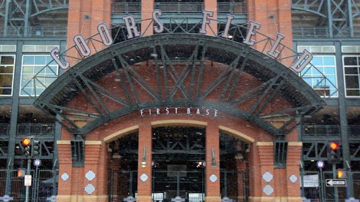 DENVER, CO - APRIL 22: Snow falls ouside the stadium as the game between the Atlanta Braves and the Colorado Rockies was postponed due to snow at Coors Field on April 22, 2013 in Denver, Colorado. The game will be made up as a split double header on Tuesday April 23, 2013. (Photo by Doug Pensinger/Getty Images)