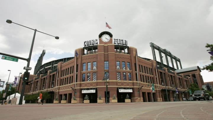 DENVER - JUNE 14: A general view of the exterior home plate entrance to Coors Field, home of the Colorado Rockies on June 14, 2004 in Denver, Colorado. (Photo by Brian Bahr/Getty Images)