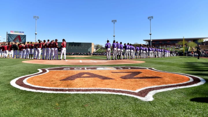 SCOTTSDALE, AZ - FEBRUARY 25: Arizona Diamondbacks and Colorado Rockies stand for the national anthem prior to the spring training game at Salt River Fields at Talking Stick on February 25, 2017 in Scottsdale, Arizona. (Photo by Jennifer Stewart/Getty Images)