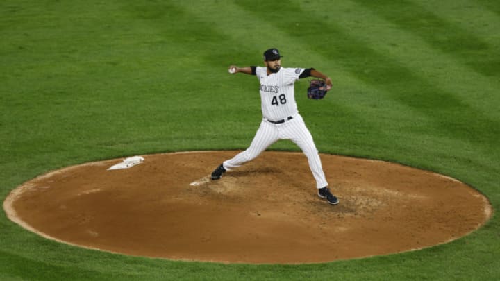 DENVER, CO - AUGUST 11: German Marquez #48 of the Colorado Rockies delivers to home plate during the fifth inning against the Los Angeles Angels at Coors Field on September 11, 2020 in Denver, Colorado. (Photo by Justin Edmonds/Getty Images)