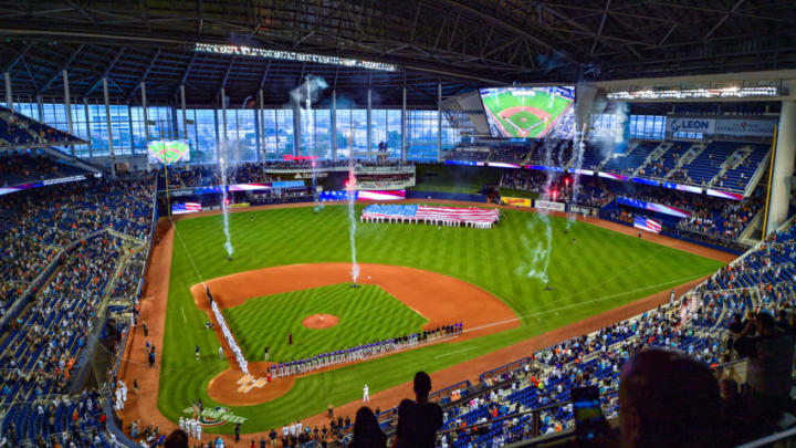 MIAMI, FL - MARCH 28: A general view of Marlins Park during the National Anthem before the game between the Miami Marlins and the Colorado Rockies during Opening Day at Marlins Park on March 28, 2019 in Miami, Florida. (Photo by Mark Brown/Getty Images)