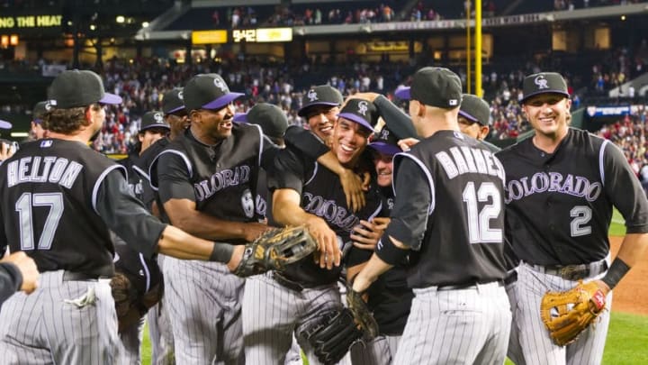 ATLANTA, GA - APRIL 17: Ubaldo Jimenez #38 of the Colorado Rockies celebrates after his no-hitter against the Atlanta Braves on April 17, 2010 at Turner Field in Atlanta, Georgia. The Rockies won 4-0. (Photo by Pouya Dianat/Atlanta Braves via Getty Images)