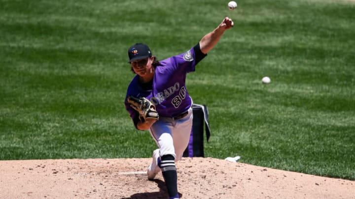 Jul 8, 2020; Denver, Colorado, United States; Colorado Rockies pitcher Ryan Rolison (80) pitches during workouts at Coors Field. Mandatory Credit: Isaiah J. Downing-USA TODAY Sports