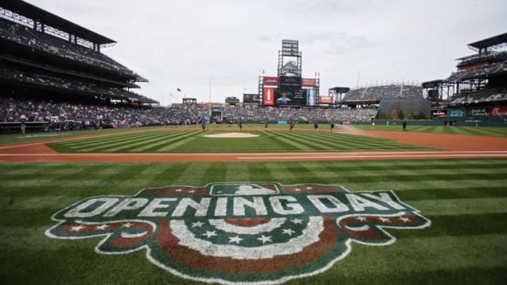 Apr 7, 2017; Denver, CO, USA; A general view of the opening day logo on the field before the game between the Colorado Rockies and the Los Angeles Dodgers at Coors Field. Mandatory Credit: Chris Humphreys-USA TODAY Sports