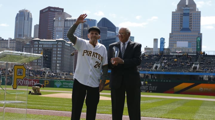 PITTSBURGH, PA – APRIL 01: Dick Groat is seen with Steve Blass before the game against the St. Louis Cardinals on Opening Day at PNC Park on April 1, 2019 in Pittsburgh, Pennsylvania. (Photo by Justin K. Aller/Getty Images)
