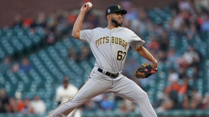 SAN FRANCISCO, CALIFORNIA - SEPTEMBER 11: Dario Agrazal #67 of the Pittsburgh Pirates pitches against the San Francisco Giants in the bottom of the first inning at Oracle Park on September 11, 2019 in San Francisco, California. (Photo by Thearon W. Henderson/Getty Images)