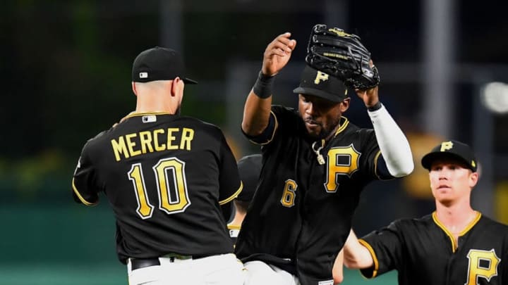 PITTSBURGH, PA - SEPTEMBER 04: Starling Marte #6 celebrates with Jordy Mercer #10 of the Pittsburgh Pirates after a 7-3 win over the Cincinnati Reds at PNC Park on September 4, 2018 in Pittsburgh, Pennsylvania. (Photo by Joe Sargent/Getty Images)