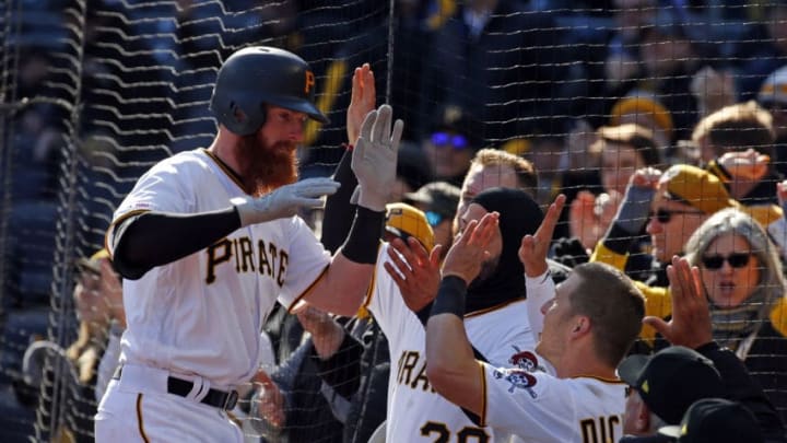 PITTSBURGH, PA - APRIL 01: Colin Moran #19 of the Pittsburgh Pirates celebrates after hitting a solo home run in the eighth inning against the St. Louis Cardinals at the home opener at PNC Park on April 1, 2019 in Pittsburgh, Pennsylvania. (Photo by Justin K. Aller/Getty Images)