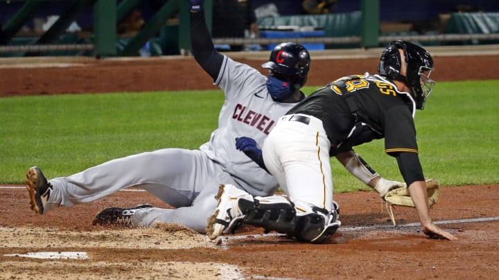 PITTSBURGH, PA – AUGUST 20: Franmil Reyes #32 of the Cleveland Indians scores on a throwing error in the eighth inning against the Pittsburgh Pirates at PNC Park on August 20, 2020 in Pittsburgh, Pennsylvania. (Photo by Justin K. Aller/Getty Images)