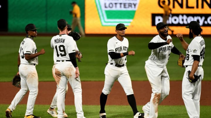 PITTSBURGH, PA - SEPTEMBER 23: Members of the Pittsburgh Pirates celebrate after the final out in a 2-1 win over the Chicago Cubs at PNC Park on September 23, 2020 in Pittsburgh, Pennsylvania. (Photo by Justin Berl/Getty Images)