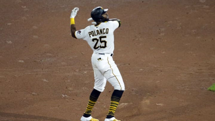 PITTSBURGH, PA - AUGUST 26: Gregory Polanco #25 of the Pittsburgh Pirates celebrates after hitting a two RBI double in the seventh inning against the St. Louis Cardinals during the game at PNC Park on August 26, 2021 in Pittsburgh, Pennsylvania. (Photo by Justin K. Aller/Getty Images)