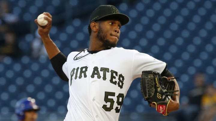 PITTSBURGH, PA - SEPTEMBER 29: Roansy Contreras #59 of the Pittsburgh Pirates makes his Major League debut against the Chicago Cubs at PNC Park on September 29, 2021 in Pittsburgh, Pennsylvania. (Photo by Justin K. Aller/Getty Images)