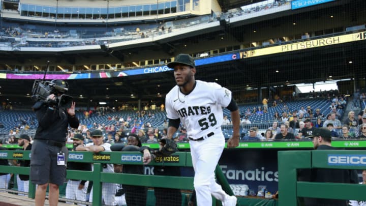 PITTSBURGH, PA - SEPTEMBER 29: Roansy Contreras #59 of the Pittsburgh Pirates takes the field in his Major League debut against the Chicago Cubs at PNC Park on September 29, 2021 in Pittsburgh, Pennsylvania. (Photo by Justin K. Aller/Getty Images)