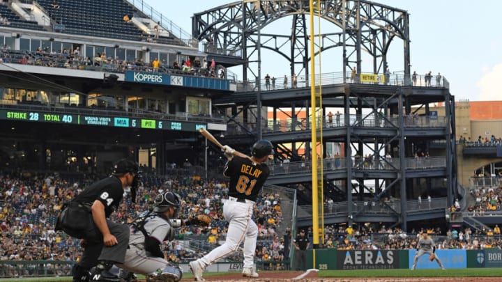 PITTSBURGH, PA - JULY 22: Jason Delay #61 of the Pittsburgh Pirates hits a solo home run for his first MLB home run in the third inning during the game against the Miami Marlins at PNC Park on July 22, 2022 in Pittsburgh, Pennsylvania. (Photo by Justin Berl/Getty Images)