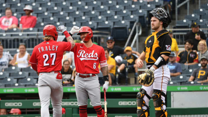 PITTSBURGH, PA - AUGUST 21: Jake Fraley #27 of the Cincinnati Reds celebrates with Jonathan India #6 after hitting a solo home run in the first inning during the game against the Pittsburgh Pirates at PNC Park on August 21, 2022 in Pittsburgh, Pennsylvania. (Photo by Justin Berl/Getty Images) PITTSBURGH, PA - AUGUST 21: Jake Fraley #27 of the Cincinnati Reds celebrates with Jonathan India #6 after hitting a solo home run in the first inning during the game against the Pittsburgh Pirates at PNC Park on August 21, 2022 in Pittsburgh, Pennsylvania. (Photo by Justin Berl/Getty Images)