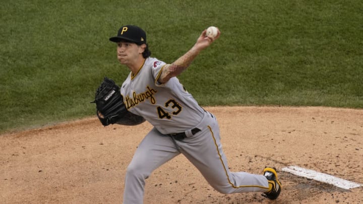 CHICAGO, ILLINOIS - AUGUST 02: Steven Brault #43 of the Pittsburgh Pirates throws a pitch during the first inning of a game against the Chicago Cubs at Wrigley Field on August 02, 2020 in Chicago, Illinois. (Photo by Nuccio DiNuzzo/Getty Images)