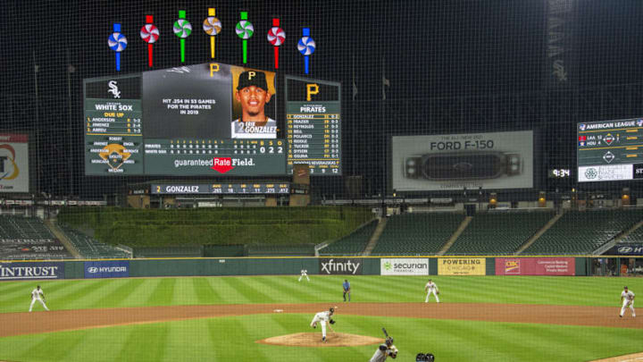 CHICAGO - AUGUST 25: Lucas Giolito #27 of the Chicago White Sox delivers the last pitch of his no-hitter as Erik Gonzalez #2 of the Pittsburgh Pirates flies out to right field for the final out on August 25, 2020 at Guaranteed Rate Field in Chicago, Illinois. (Photo by Ron Vesely/Getty Images)