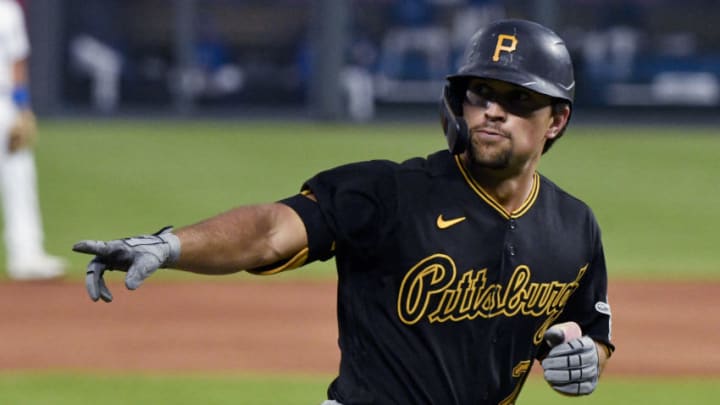 KANSAS CITY, MISSOURI - SEPTEMBER 12: Adam Frazier #26 of the Pittsburgh Pirates celebrates his home run in the third inning against the Kansas City Royals at Kauffman Stadium on September 12, 2020 in Kansas City, Missouri. (Photo by Ed Zurga/Getty Images)