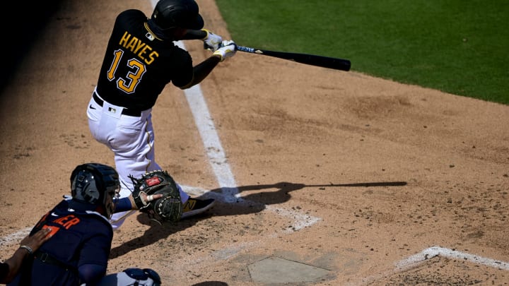 BRADENTON, FLORIDA – MARCH 02: Ke’Bryan Hayes #13 of the Pittsburgh Pirates hits a double during the third inning against the Detroit Tigers during a spring training game at LECOM Park on March 02, 2021 in Bradenton, Florida. (Photo by Douglas P. DeFelice/Getty Images)