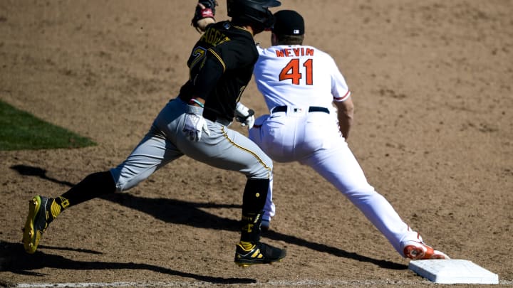 SARASOTA, FLORIDA – MARCH 15: Tyler Nevin #41 of the Baltimore Orioles forces out Travis Swaggerty #75 of the Pittsburgh Pirates during the ninth inning of a spring training game at Ed Smith Stadium on March 15, 2021 in Sarasota, Florida. (Photo by Douglas P. DeFelice/Getty Images)