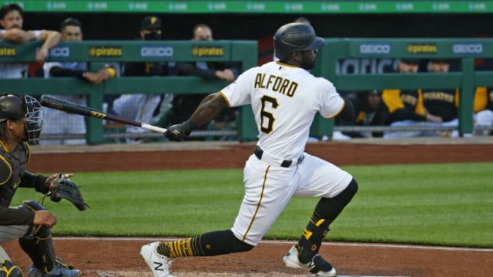 PITTSBURGH, PA - APRIL 13: Anthony Alford #6 of the Pittsburgh Pirates in action against the San Diego Padres at PNC Park on April 13, 2021 in Pittsburgh, Pennsylvania. (Photo by Justin K. Aller/Getty Images)