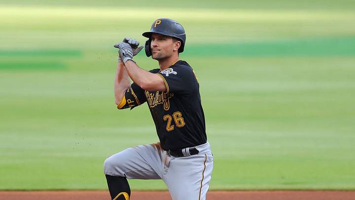 ATLANTA, GEORGIA - MAY 20: Adam Frazier #26 of the Pittsburgh Pirates reacts after hitting a double to lead off against the Atlanta Braves in the first inning at Truist Park on May 20, 2021 in Atlanta, Georgia. (Photo by Kevin C. Cox/Getty Images)