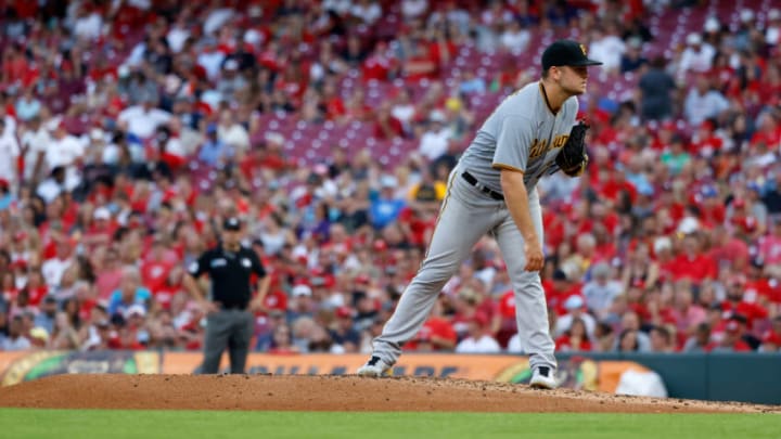 CINCINNATI, OH - AUGUST 05: Will Crowe #29 of the Pittsburgh Pirates pitches during the game against the Cincinnati Reds at Great American Ball Park on August 5, 2021 in Cincinnati, Ohio. (Photo by Kirk Irwin/Getty Images)