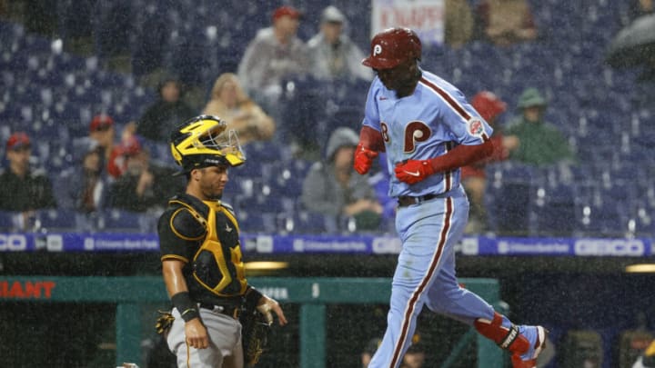 PHILADELPHIA, PENNSYLVANIA - SEPTEMBER 23: Didi Gregorius #18 of the Philadelphia Phillies rounds crosses home after hitting a solo home run during the third inning against the Pittsburgh Pirates at Citizens Bank Park on September 23, 2021 in Philadelphia, Pennsylvania. (Photo by Tim Nwachukwu/Getty Images)