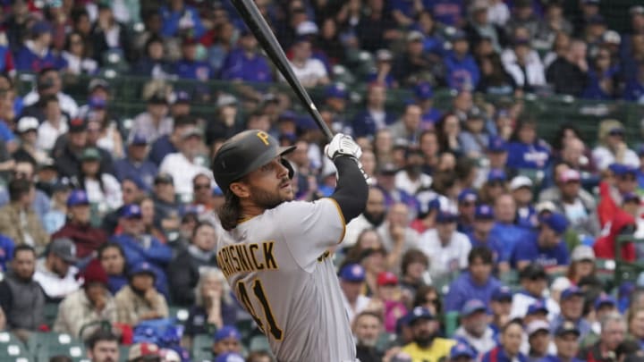 CHICAGO, ILLINOIS - APRIL 24: Jake Marisnick #41 of the Pittsburgh Pirates bats against the Chicago Cubs at Wrigley Field on April 24, 2022 in Chicago, Illinois. (Photo by Nuccio DiNuzzo/Getty Images)