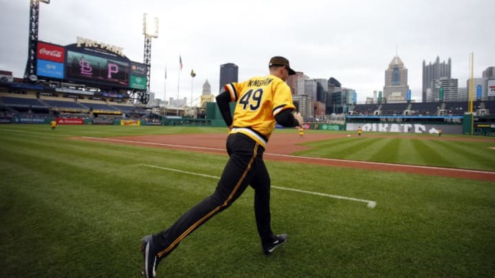 PITTSBURGH, PA - APRIL 29: Nick Kingham #49 of the Pittsburgh Pirates runs onto the field to make his major league debut against the St. Louis Cardinals at PNC Park on April 29, 2018 in Pittsburgh, Pennsylvania. (Photo by Justin K. Aller/Getty Images)