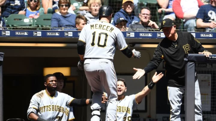MILWAUKEE, WI - MAY 06: Jordy Mercer #10 of the Pittsburgh Pirates is congratulated by Francisco Cervelli #29 following a home run against the Milwaukee Brewers during the second inning of a game at Miller Park on May 6, 2018 in Milwaukee, Wisconsin. (Photo by Stacy Revere/Getty Images)