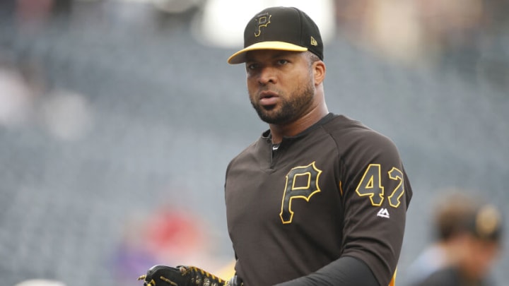Aug 29, 2019; Denver, CO, USA; Pittsburgh Pirates relief pitcher Francisco Liriano (47) participates in batting practice prior to a game against the Colorado Rockies at Coors Field. Mandatory Credit: Russell Lansford-USA TODAY Sports