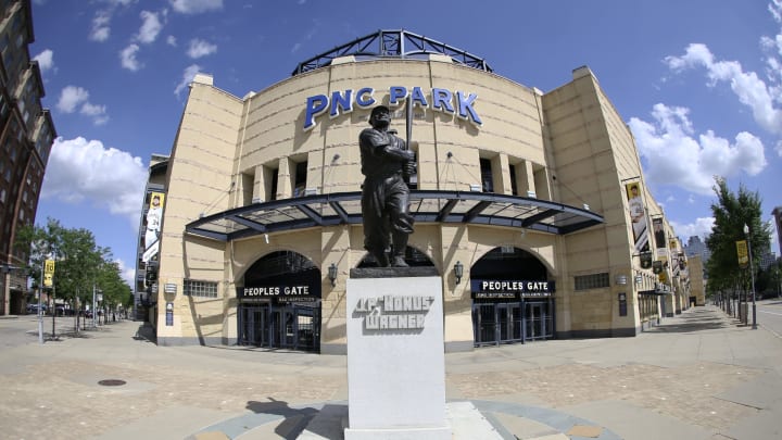 Jul 28, 2020; Pittsburgh, Pennsylvania, USA; General view of the Honus Wagner statue and the exterior of the main gate at PNC Park before the Pittsburgh Pirates host the Milwaukee Brewers. Mandatory Credit: Charles LeClaire-USA TODAY Sports