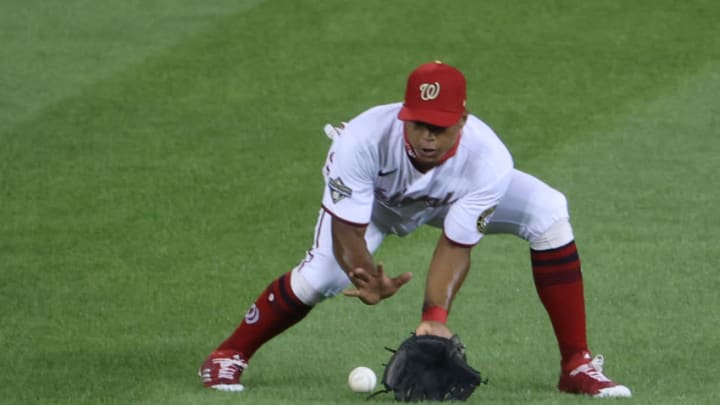 Aug 7, 2020; Washington, District of Columbia, USA; Washington Nationals shortstop Wilmer Difo (1) fields a ground ball against the Baltimore Orioles in the eighth inning at Nationals Park. Mandatory Credit: Geoff Burke-USA TODAY Sports