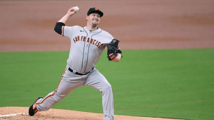 Sep 10, 2020; San Diego, California, USA; San Francisco Giants starting pitcher Trevor Cahill (53) pitches during the first inning against the San Diego Padres at Petco Park. Mandatory Credit: Orlando Ramirez-USA TODAY Sports