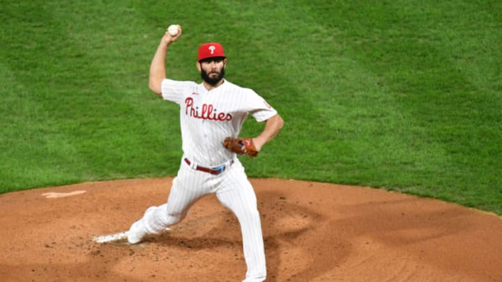 Sep 15, 2020; Philadelphia, Pennsylvania, USA; Philadelphia Phillies starting pitcher Jake Arrieta (49) throws a pitch during the second inning against the New York Mets at Citizens Bank Park. Mandatory Credit: Eric Hartline-USA TODAY Sports