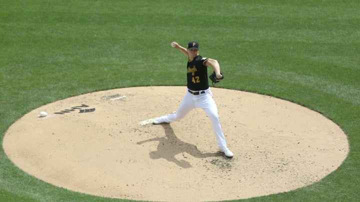 Apr 15, 2021; Pittsburgh, Pennsylvania, USA; Pittsburgh Pirates starting pitcher Mitch Keller pitches against the San Diego Padres during the fourth inning at PNC Park. Mandatory Credit: Charles LeClaire-USA TODAY Sports