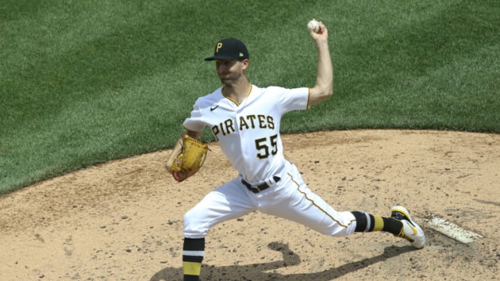 Jun 10, 2021; Pittsburgh, Pennsylvania, USA; Pittsburgh Pirates relief pitcher Chasen Shreve (55) pitches against the Los Angeles Dodgers during the fourth inning at PNC Park. Mandatory Credit: Charles LeClaire-USA TODAY Sports