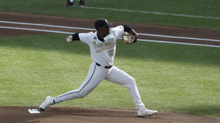 Jun 30, 2021; Omaha, Nebraska, USA; Vanderbilt Commodores pitcher Kumar Rocker (80) throws a pitch against the Mississippi State Bulldogs in the first inning at TD Ameritrade Park. Mandatory Credit: Bruce Thorson-USA TODAY Sports