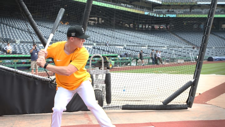 Jul 18, 2021; Pittsburgh, Pennsylvania, USA; Pittsburgh Pirates catcher Henry Davis who was selected number one overall in the 2021 MLB first year player draft by the Pirates participates in bating practice before the Pirates play the New York Mets at PNC Park. Mandatory Credit: Charles LeClaire-USA TODAY Sports