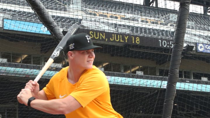 Jul 18, 2021; Pittsburgh, Pennsylvania, USA; Pittsburgh Pirates catcher Henry Davis who was selected number one overall in the 2021 MLB first year player draft by the Pirates participates in bating practice before the Pirates play the New York Mets at PNC Park. Mandatory Credit: Charles LeClaire-USA TODAY Sports