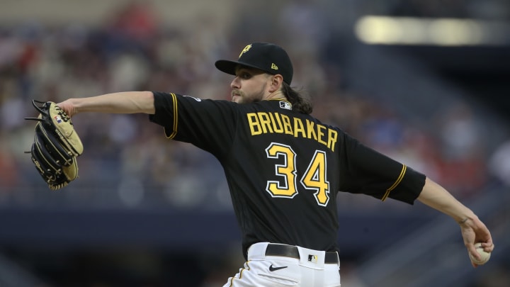 Jul 31, 2021; Pittsburgh, Pennsylvania, USA; Pittsburgh Pirates starting pitcher JT Brubaker (34) throws against the Philadelphia Phillies during the fifth inning at PNC Park. Mandatory Credit: Charles LeClaire-USA TODAY Sports